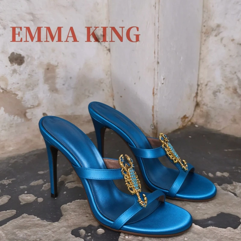 Gold Scorpion Rhinestone Decor Mule Heels,Open Toe Slip-on High Heel Slippers,Trendy Evening Party Dress Pumps,Elegant Footwear