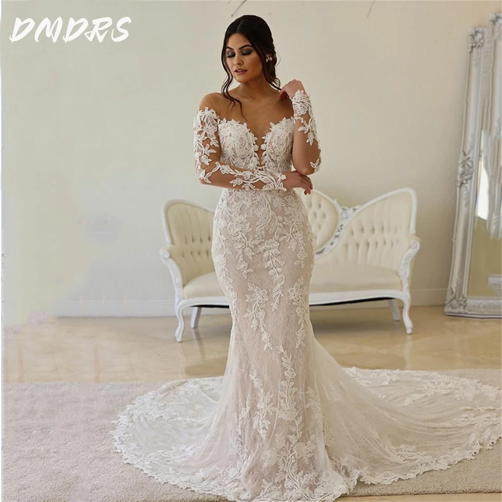 Popular Boho Lace Wedding Dress  classic Mermaid Illusion Bodice Bridal Dress Glamorous Long Sleeve Sheer Vestidos De Novia