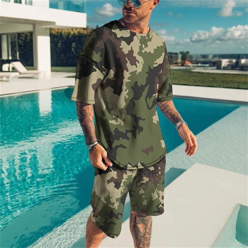 New Men\'s Green Camouflage T-shirts Shorts Set 3D Print Short Sleeve Tee Beach Shorts 2 Pcs Set Summer Oversized Tracksuit Suits