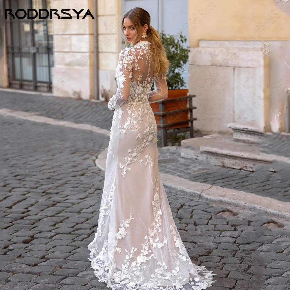 RODRSYA Sereia Renda Vestido de Noiva Mangas Longas Ilusão Tulle ApRODDRSYA Sereia Lace Vestido De Noiva Mangas Compridas Ilusão Tule Applique Robe De Mariée Botão De Pescoço Alto Voltar Vestidos De Noiva Personalizado