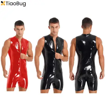 Erkek Islak Görünüm Fermuar Bodysuit Tek Parça Rugan Kolsuz Tulumlar Rave Kutup Dans Sahne Performansı Kostüm Clubwear