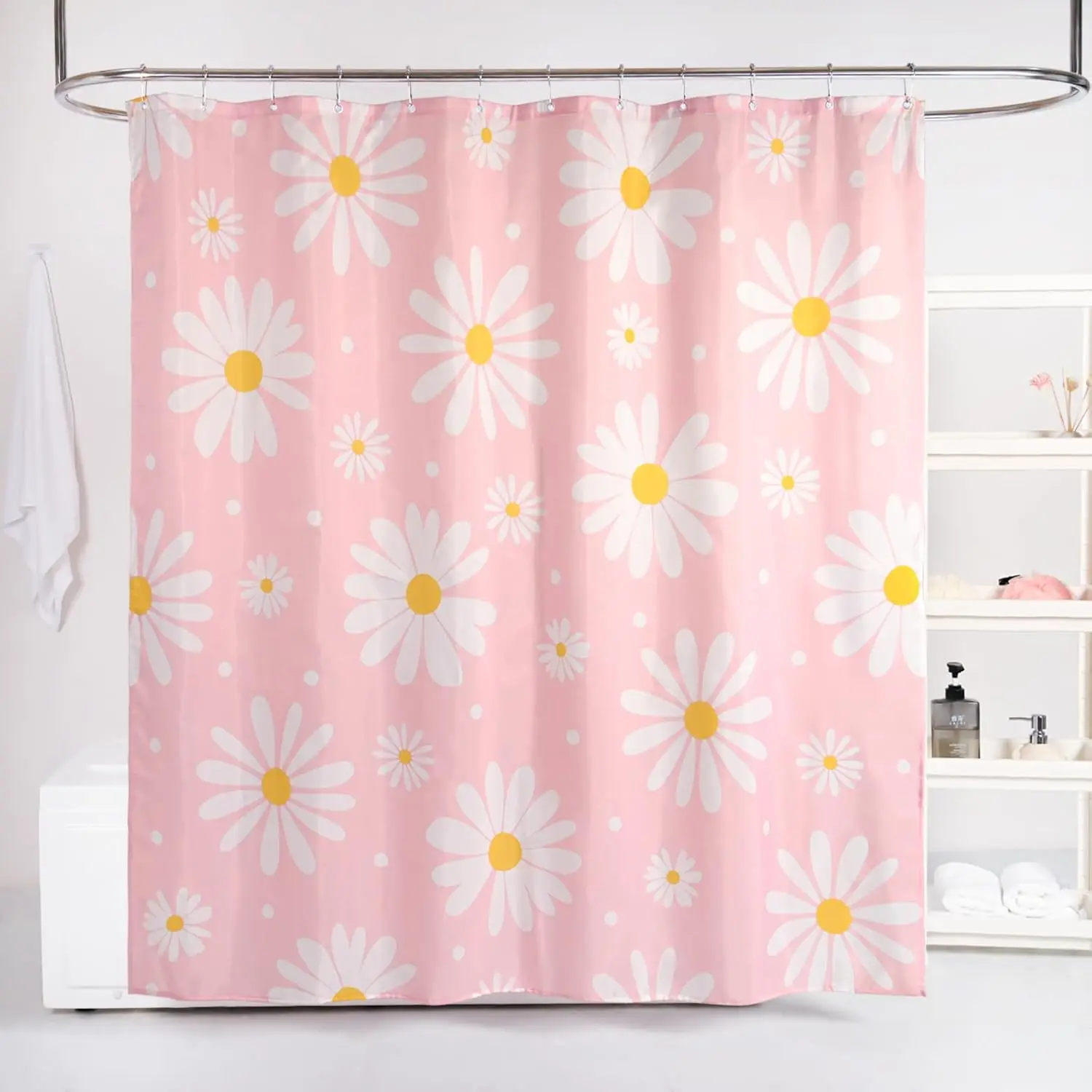 

Pink Floral Shower Curtain Set Cute Daisy Girly Bathroom Curtain, Modern Aesthetic Decor Colorful Flower Shower Curtain