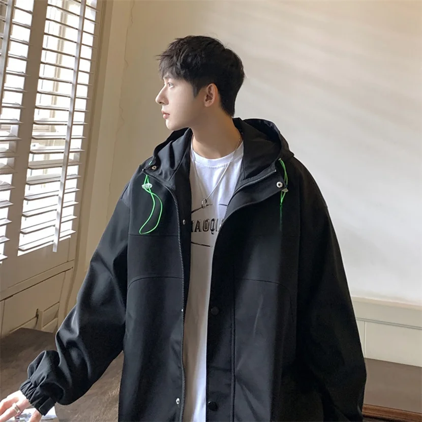 

Мужская повседневная куртка с капюшоном, весенне-осенняя, свободного кроя, молодежная, модная, ветрозащитная, на молнии, с длинными рукавами, базовая верхняя одежда