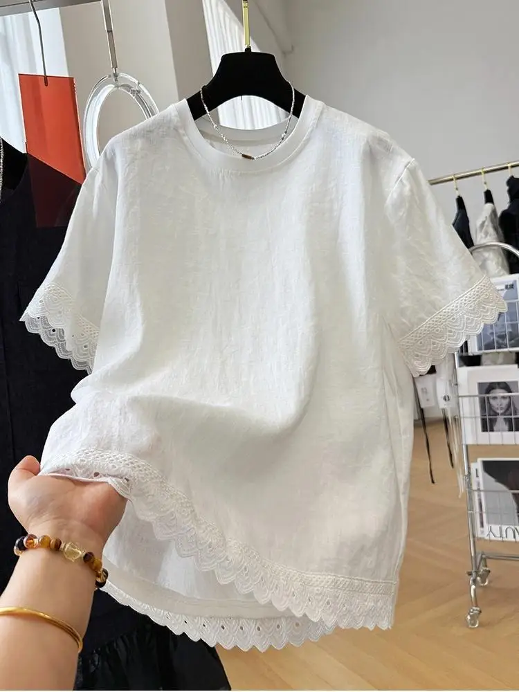 

Elegant Patchwork Blouse Women Short Sleeve T-shirt 2025 Summer T-shirt Fashion Loose Casual O-neck Tops