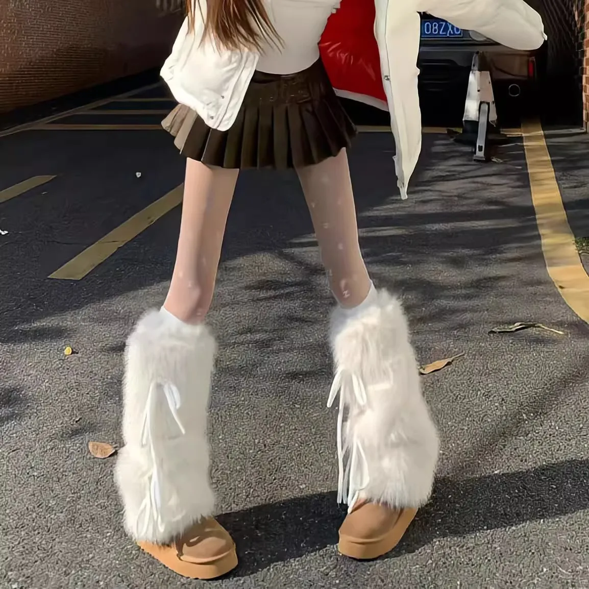 Faux Fur Leg Warmers for Women Tie Strap Thick Warm Boot Cuffs Slouchy Winter Calf Socks Y2K Style