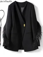 Temperament Lady Tops Streetwear Korean Oversized Jackets 2025 Ropa Mujer Fashion Outwear Patchwork Feather Casual Black Coats