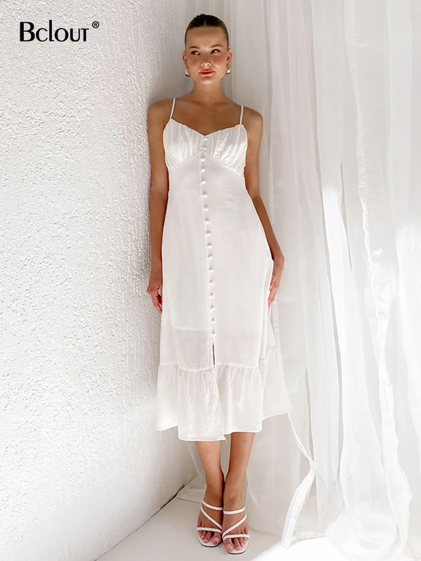 Bclout Summer Cotton White Dress Women 2023 Elegant Spaghttie Strap A-Line Midi Dresses Sexy Backless Ruched Slit Dress Vacation