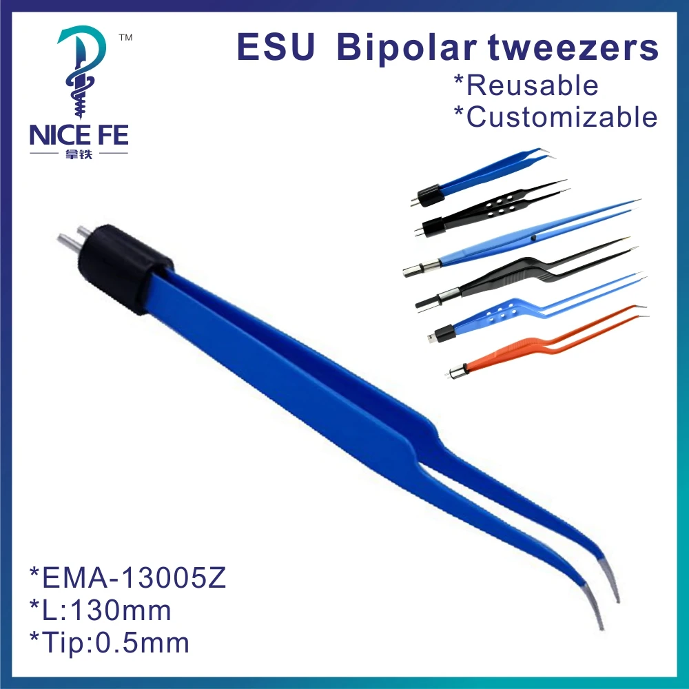 Reusable AHA Blue Bipolar Forceps Bipolar tweezers Straight or Curved for Electrosurgical unit：L:13 cm, tip 0.5 mm