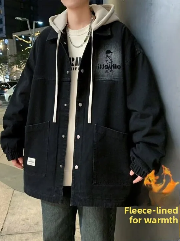 Hooded Fleece Lined Thick Denim Jacket for Teens Warm Casual Style Long Sleeve Coat with Pockets Youth Fashion Autumn Winter ...