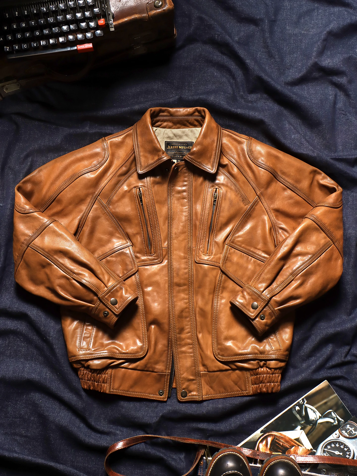 Tailor Brando 90s Retro Oversized Men's Full-Grain Hand-Aged Vegetable-Tanned Calfskin Genuine Leather Jacket