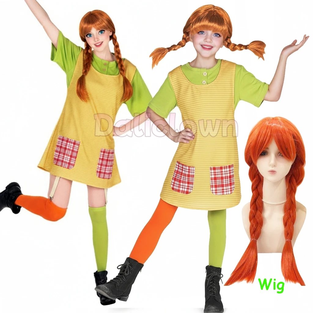 Anime Cosplay Pippi Kostüm Frauen Erwachsene Kinder Lange Geflecht Perücke Strümpfe Schürze Mutter Tochter Party Phantasie Kleid Karneval Kostüm