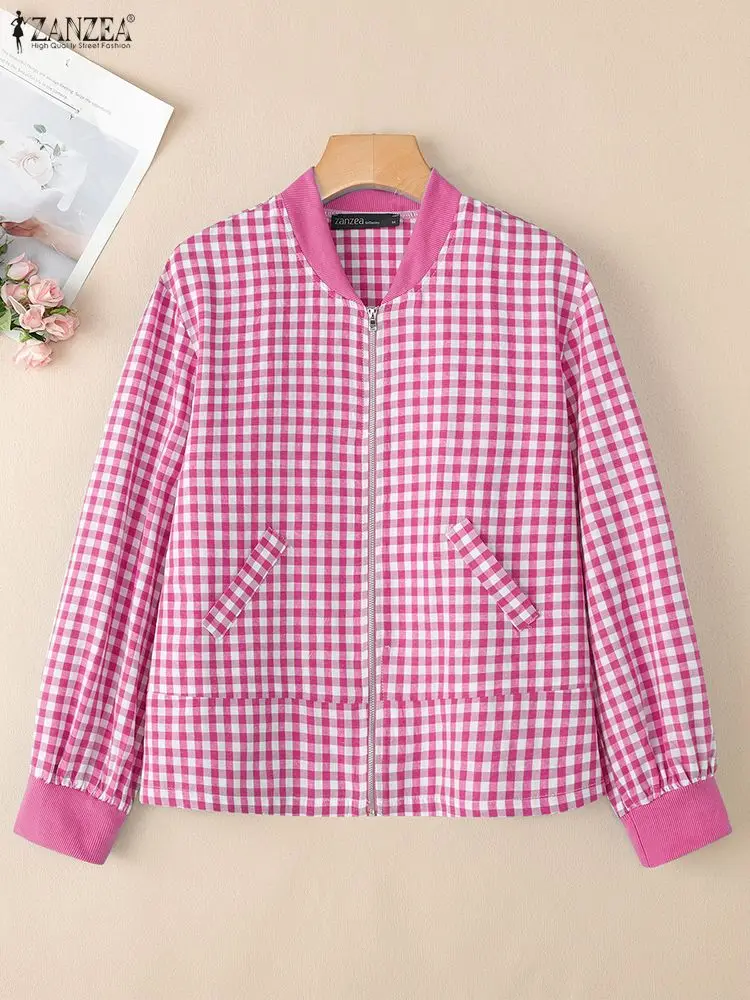 

Women's Classic Plaid Bomber Jackets Fall 2025 Lightweight Casual Long Sleeve Zip-Up Jackets ZANZEA Stylish Streetwear S-3XL