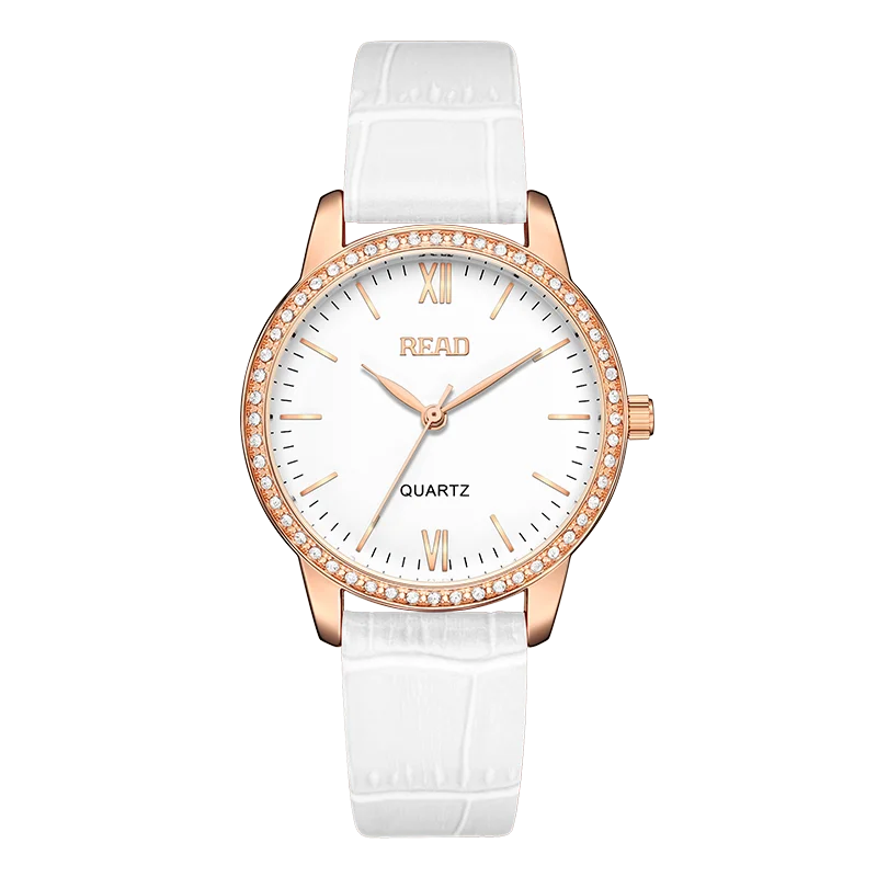 READ Women Quartz Watch | Crystal Bezel | White Embossed Leather Strap | Roman Markers | Daily Water Resistant Wrist Watch