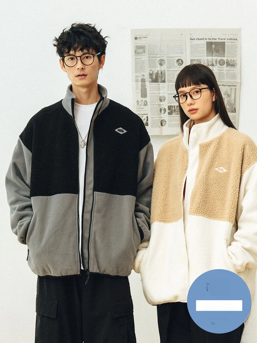 

74street Men's Lamb Velvet Jaet Stand Collar Fce Lined Winter Coat Trendy Couple's Outerwear Loose Fit Embroidered