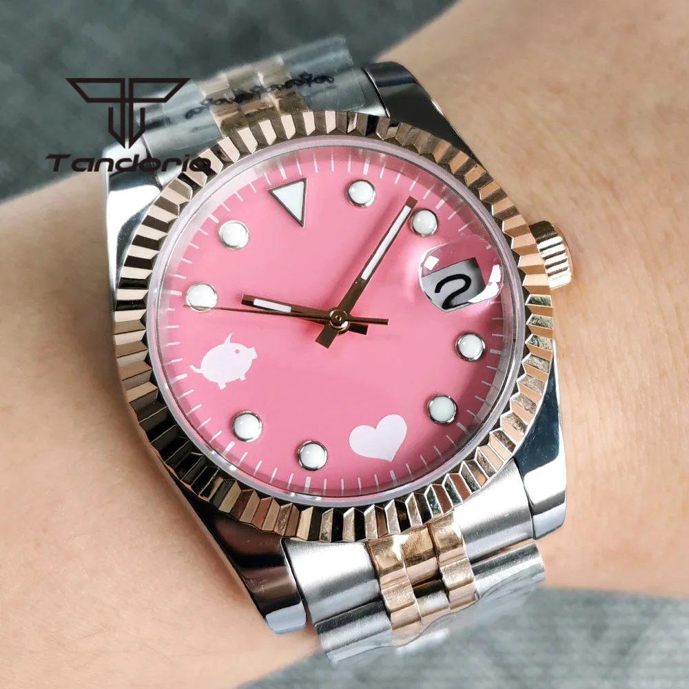 

Pink Dial Lovely 36mm/39mm 24 Jewels NH35A Lady Women's Automatic Watch Rose Gold Fluted Bezel Date Two Tone