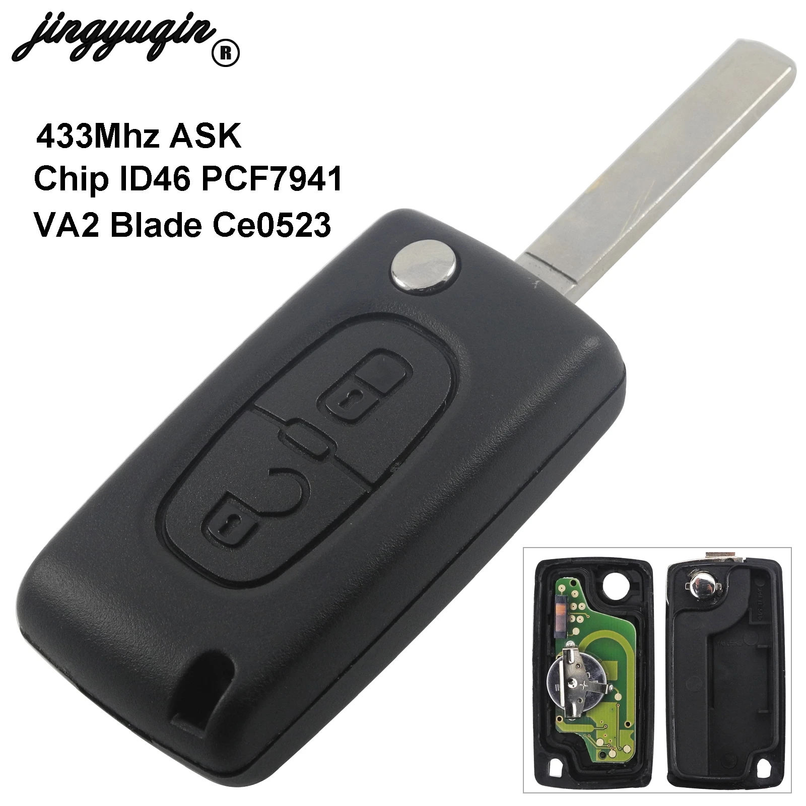 jingyuqin 2 Buttons For Peugeot 207 307 Smart Car Remote Key Fob ID46 Chip ASK 433MHz PCF7941 Chip VA2 Blade CE0536