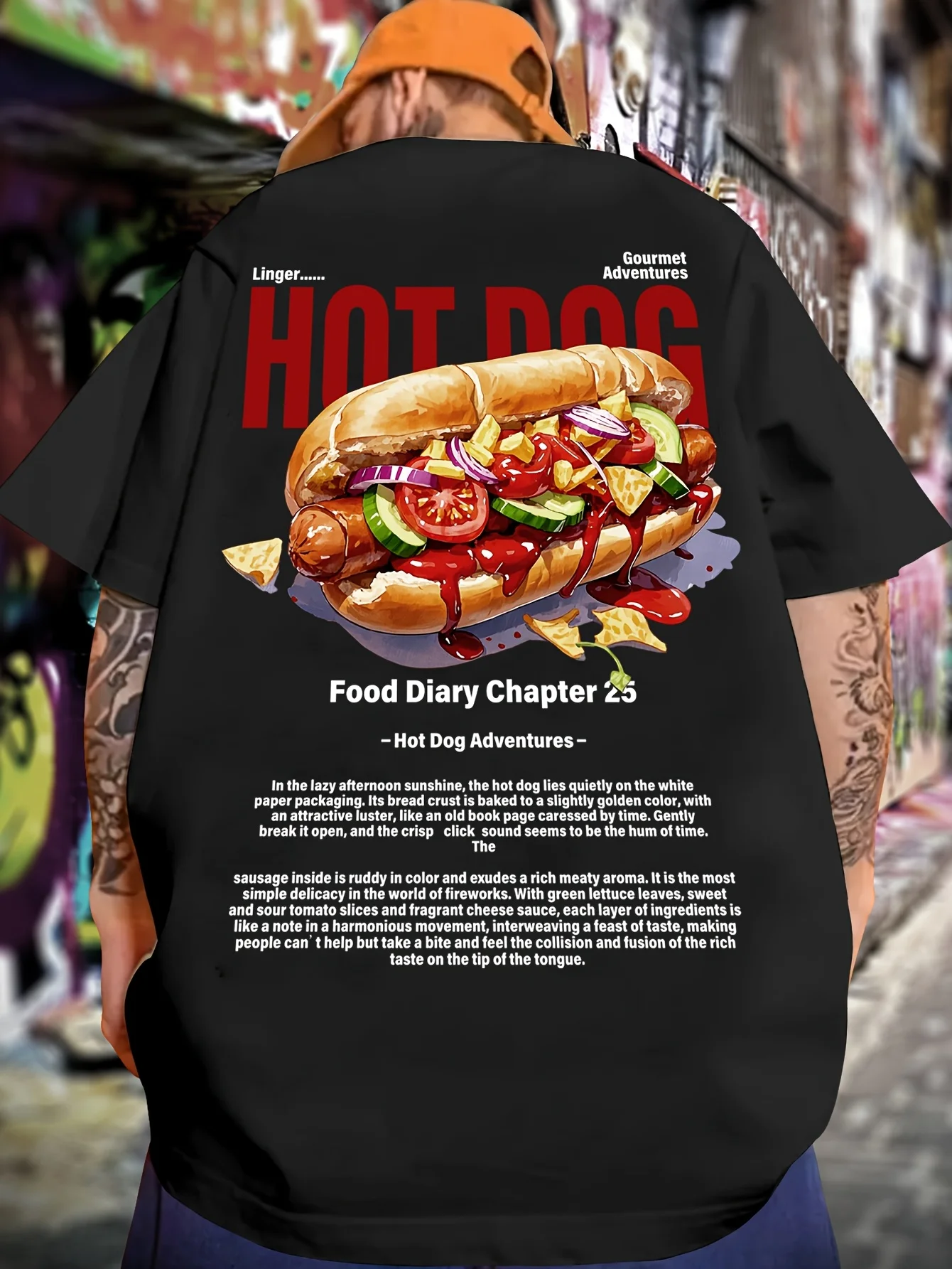 Men's Y2K Retro Graphic T-Shirt with White Hot Dog Design and Red Lettering Print, Lightweight and Stretchy Fabric Suitable for Everyday Casual Wear and Themed Events, Men's Fun Food Gift, Weekend Style, Fun Print, Breathable Material, Fashionable and Novel Top