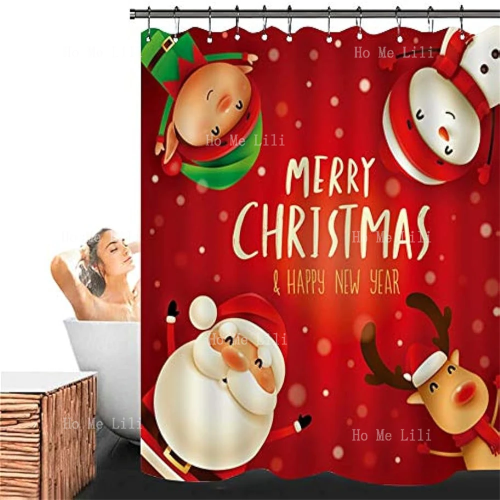 Red Holiday Rudolph Santa Snowman Dwarf Custom Bathroom Decoration Waterproof Shower Curtain