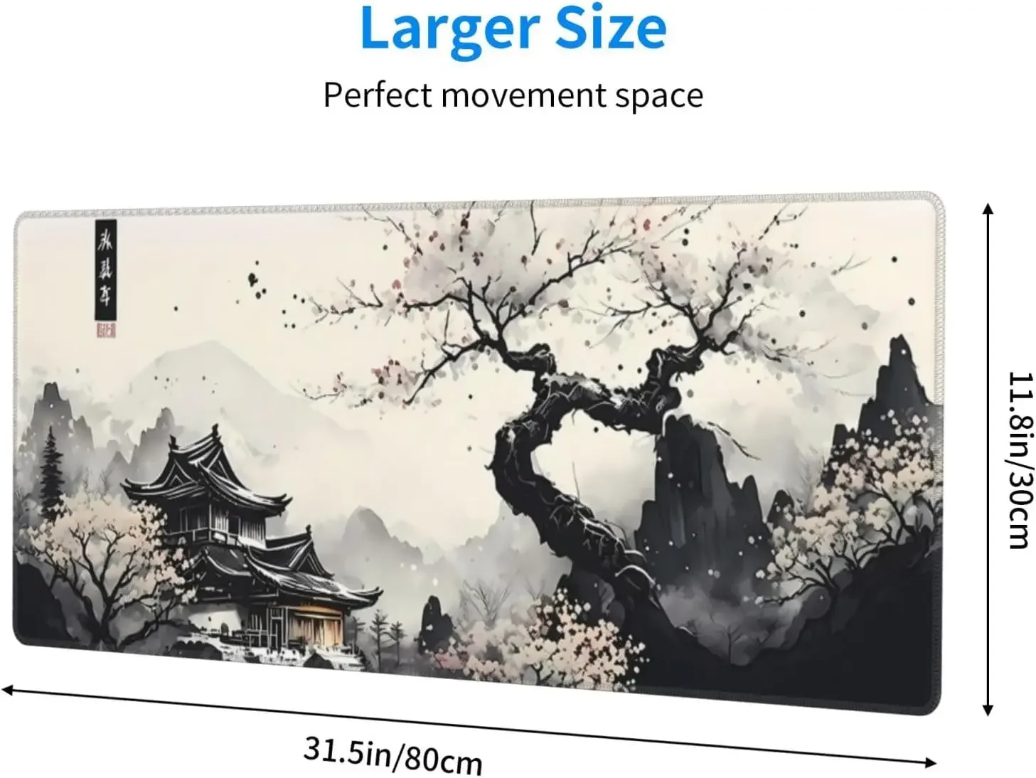 Elegant Japanese Temple Desk Mat, Cherry Blossom Ink Wash Large Extended Gaming Mouse Pad, Waterproof Non-Slip Keyboard Pad for