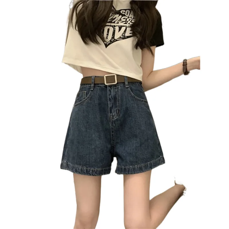 Pantalones cortos de mezclilla de pierna ancha de cintura alta para mujer 2025 nuevos pantalones calientes versátiles de verano con personaje de chica picante