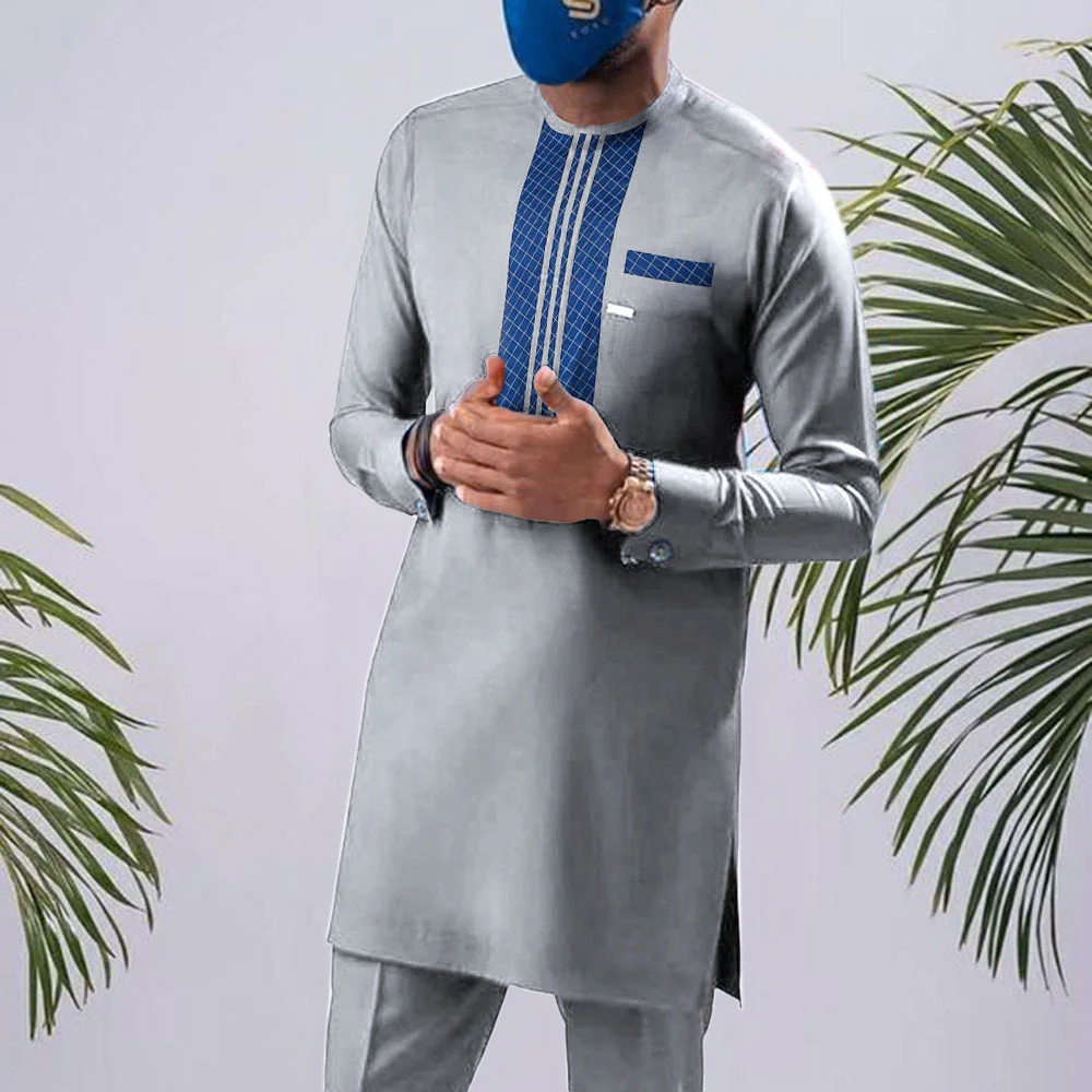2024 nowy Kaftan męski komplet szaro-okrągły dekolt z długimi rękawami dorywczo dwuczęściowy komplet Dashiki tradycyjny styl garnitur męski