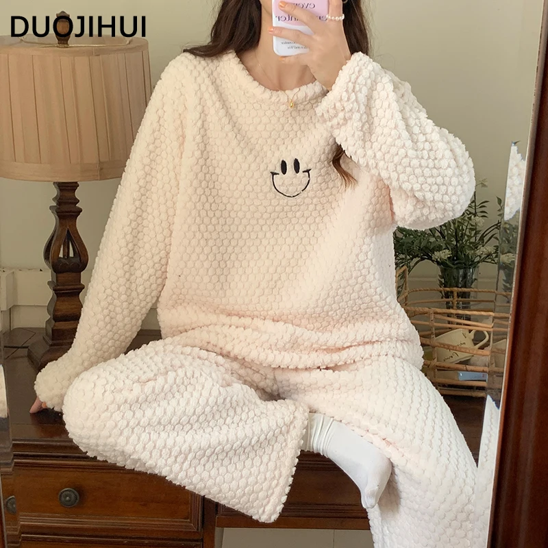 DUOJIHUI Solid Color Winter Fashion Pajamas for Women Basic O-neck Pullover Loose Casual Pant Simple 4-colors Female Pajamas Set