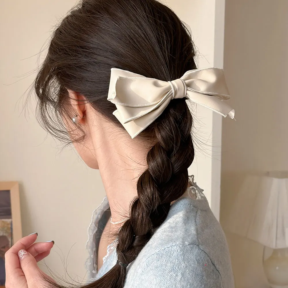 

Korean Fashion Solid Leather Hairpins Woman Girl Bow Spring Clips Elegant Temperament Barrettes Ponytail Clip Hair Accessories