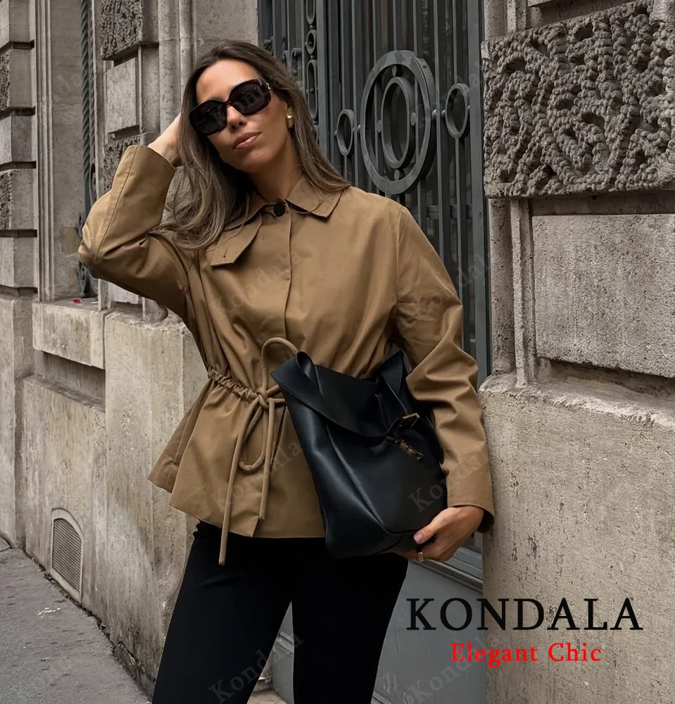 KONDALA, chaqueta elegante de otoño para mujer, abrigo corto con cordones en la cintura, chaqueta informal de calle a la moda para primavera y otoño 2025