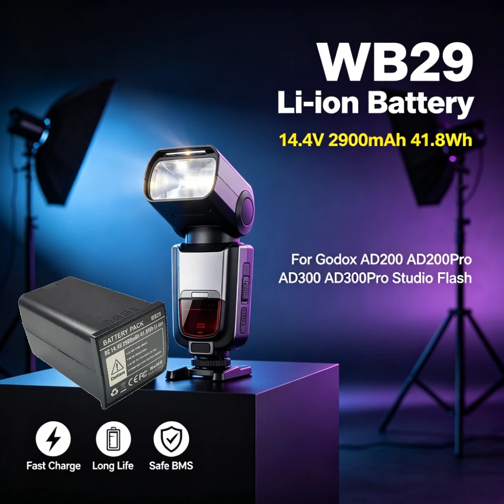 WB29 14.4V 2900mAh 41.8Wh Li-ion Studio Flash Replacement Li-ion Battery for Godox AD200 AD200Pro AD300 AD300Pro Flash Speedlite