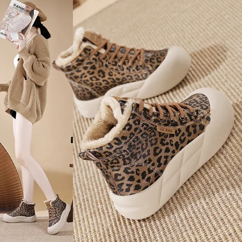 Winter Print Snow Cotton Shoes Women\'s Outdoor Leopard Casual Sports Velvet Cotton Shoes Thick-soled Warm Fur Boots Comfortable