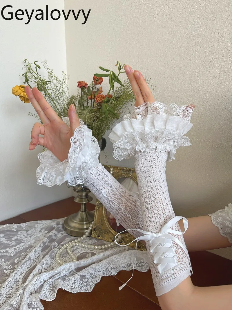 

Новые летние кружевные многослойные чехлы на рукава с рюшами, сверхмощные нарукавники для милых девушек, солнцезащитный крем в стиле Лолиты, перчатки с рукавами