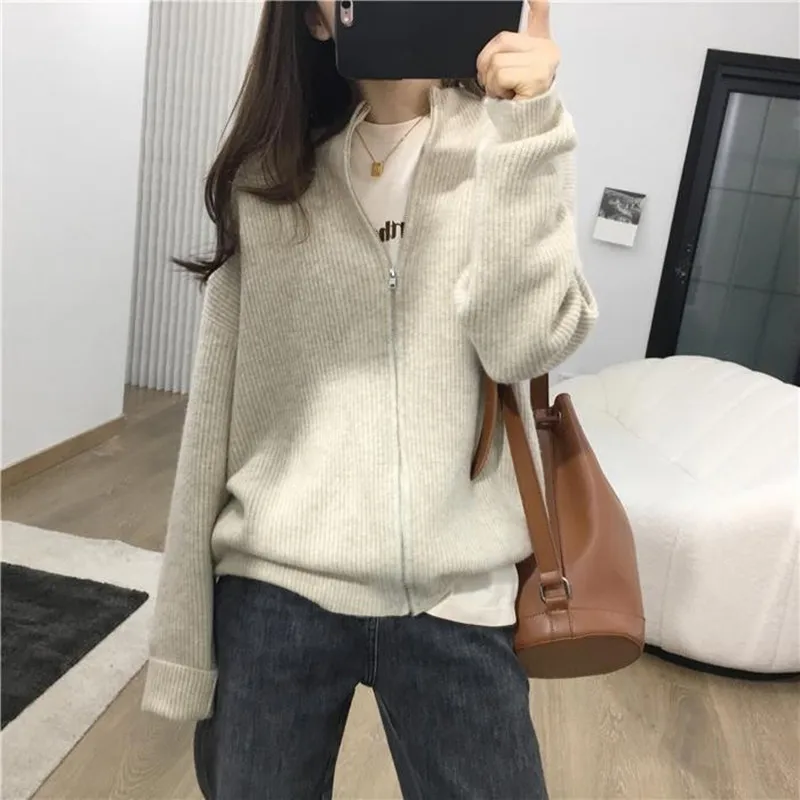 Cashmere sweater women\'s half high neck cardigan 100% wool knitted long sleeved jacket loose and soft sweater Korean fashion top