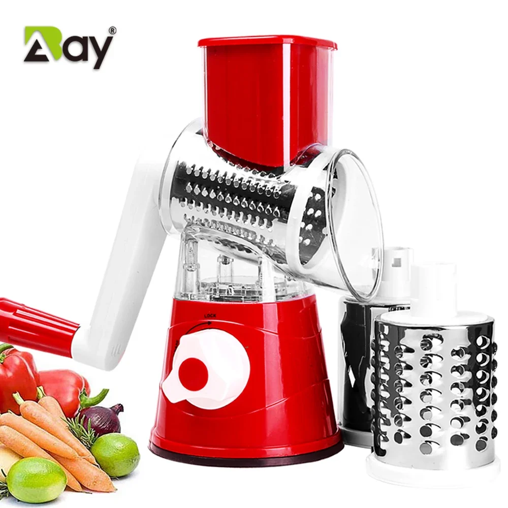 Vegetable Cutter Manual Rotary Cheese Graters Round Mandoline Slicer Shredder With 3 Stainless Steel Blades Kitchen Accessories