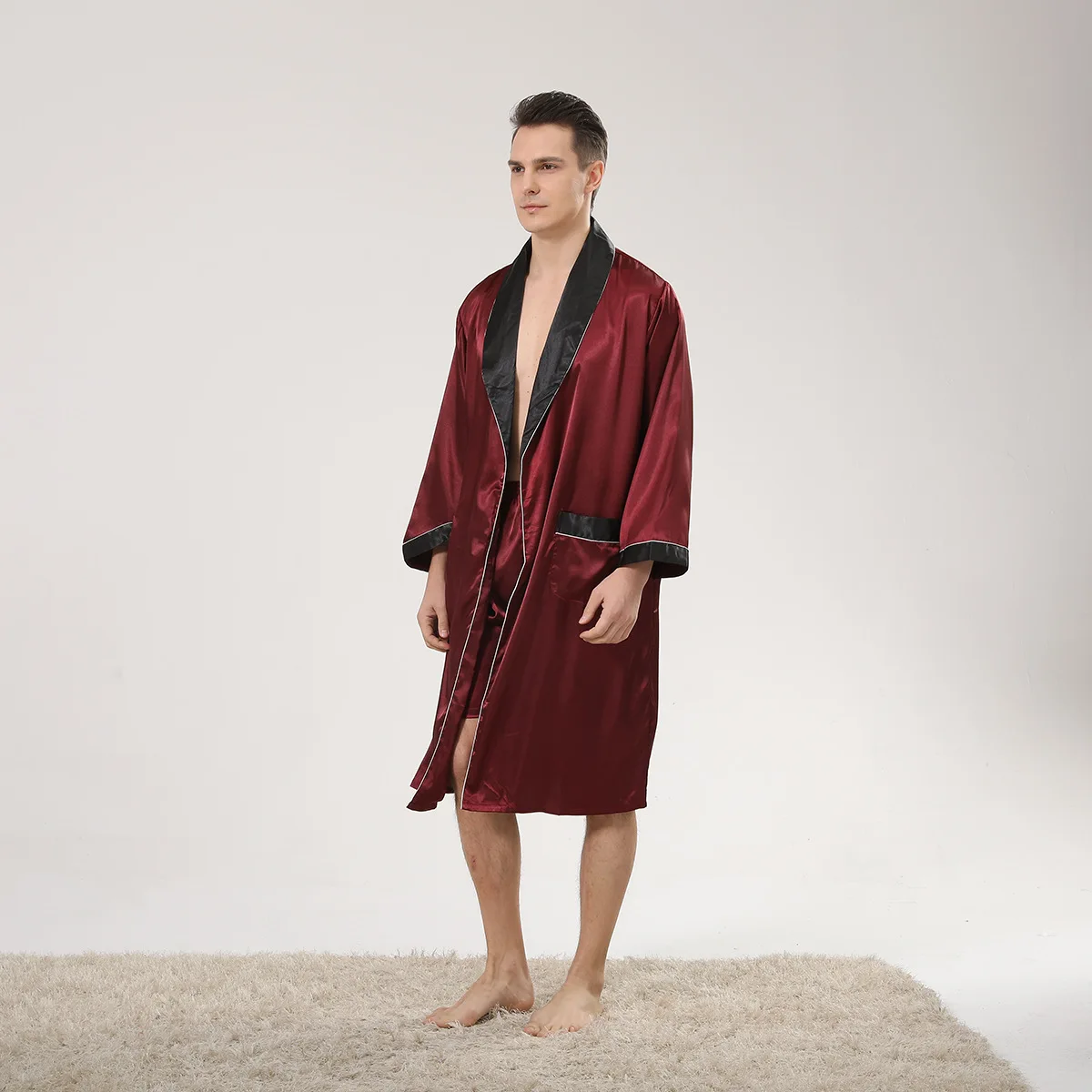 Spring Black Shawl Collar Red Men Bathrobe Shorts Suit Kimono Home Silk Male Robe Sets Soft Cozy Thin Long Sleeve Bath Gown