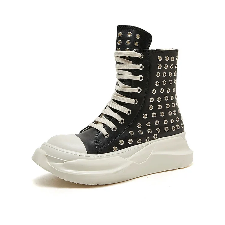 Vintage Men Shoes High-TOP Platform Boots Heightening Real Leather Rivets Sneaker Luxury Trainers Casual Zip Black Shoes view 5