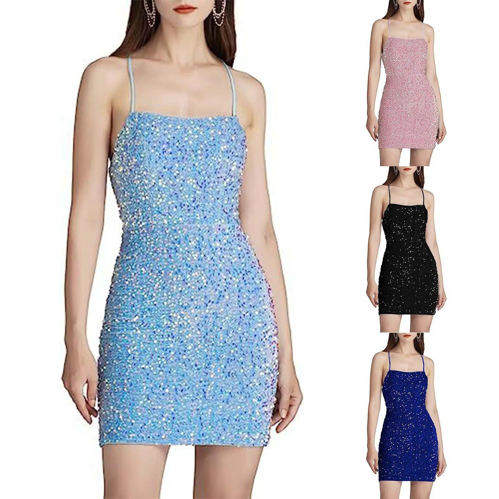 Vestidos formales para mujer, vestido de lentejuelas de cuentas brillantes de Color sólido, escote bajo, ajustado, ajustado, corto, vestido de fiesta de noche