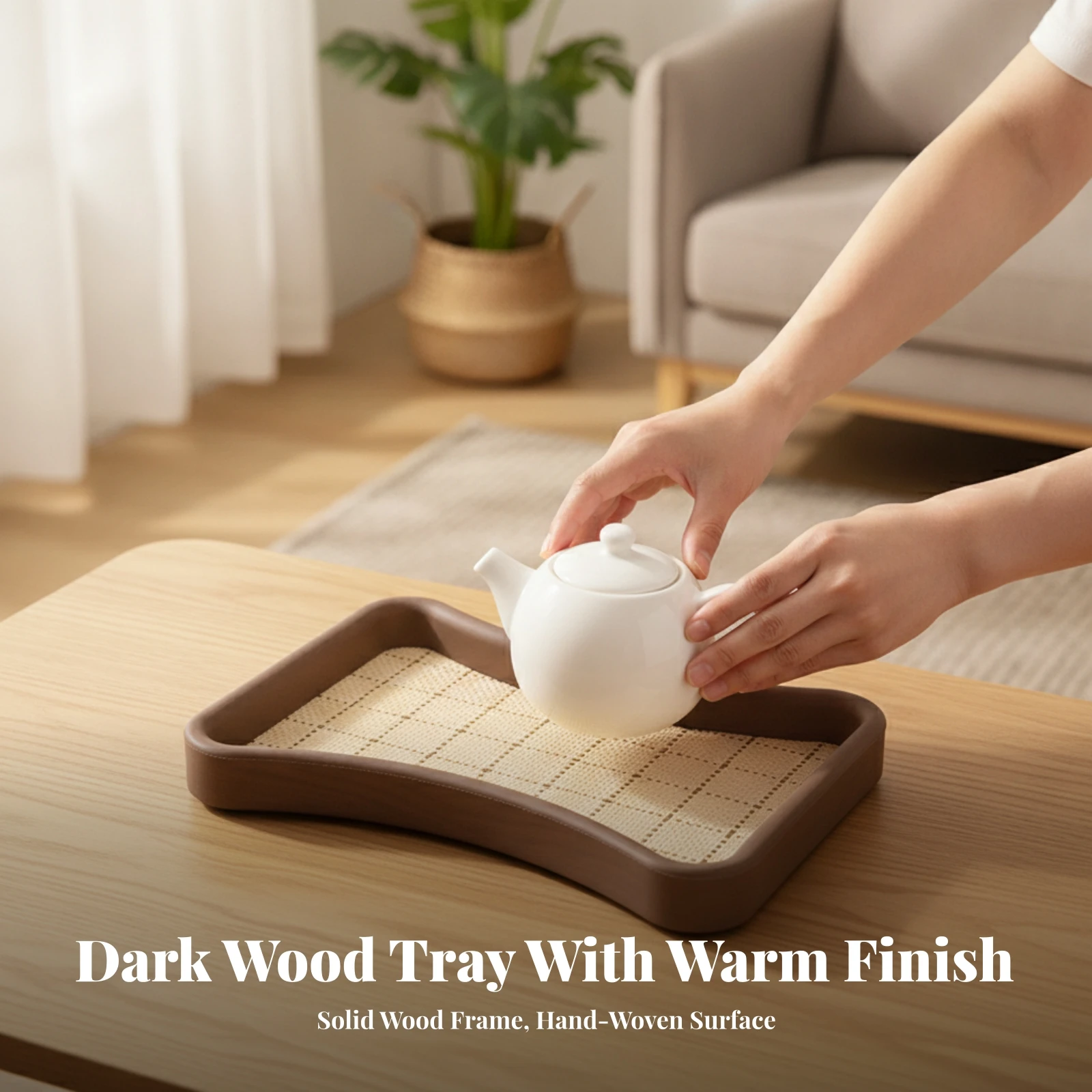 Tray with Woven Surface Insert Natural Wood and Leather Tray Robust Rustic for Desktop Organization, Living Room