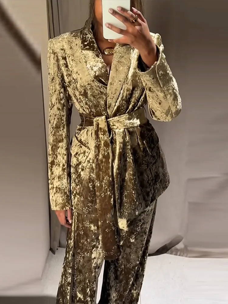 Samt-Blazer-Hosenanzüge für Damen Eleganter Reversgürtel Langarm-Jacke Weite Hosen 2026 Herbst Winter Schicke Abend-Damen-Sets