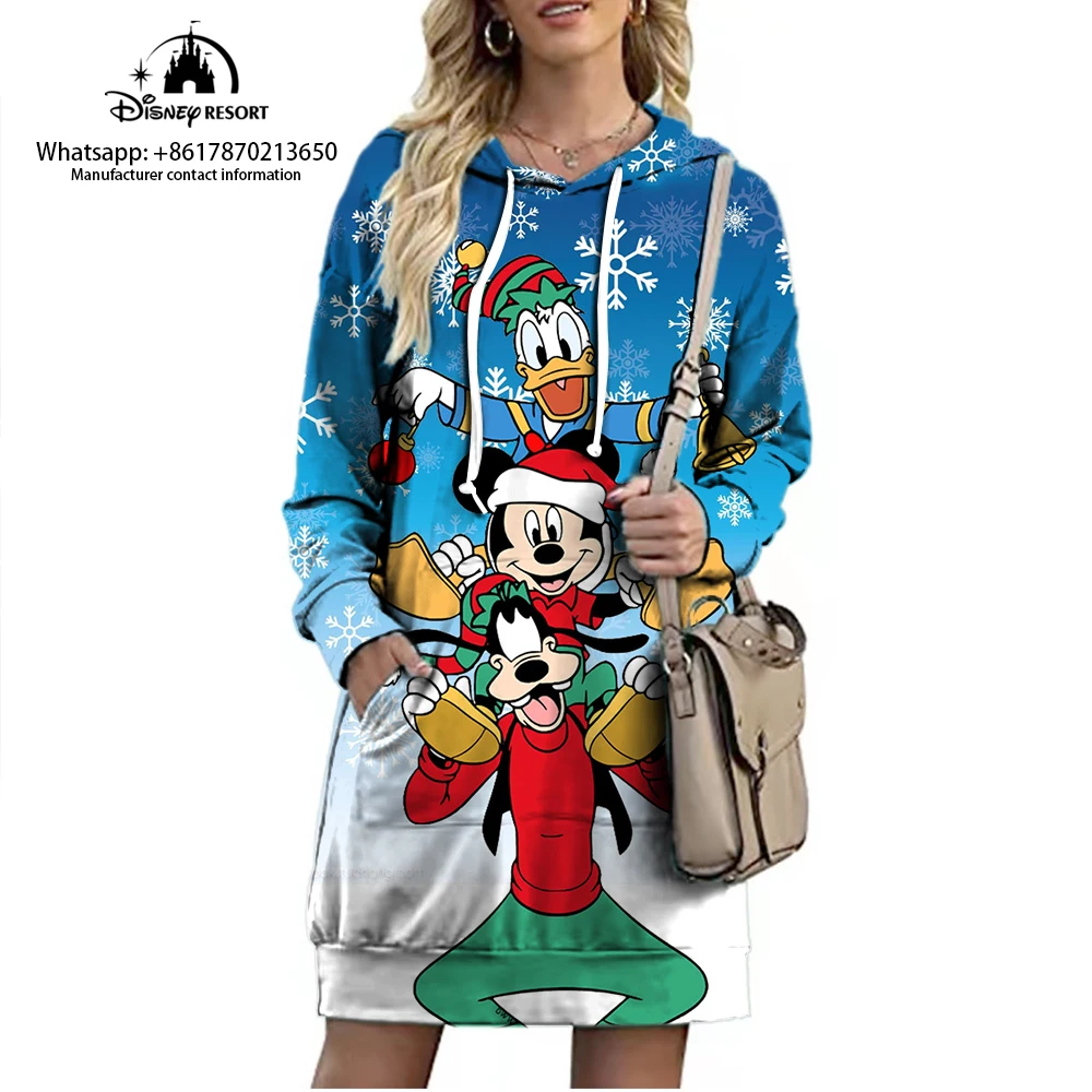 Christmas Disney Brand Mickey Minnie Cartoon Long Hoodie Autumn New Mini Sexy Dress Korean Fashion Elegant Ladies Party 2022