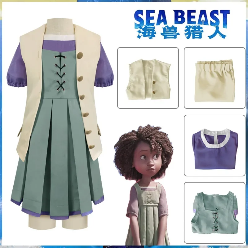 

The Sea Beast Maci Short Sleeve Vest Dress Cosplay Costume Halloween Masquerade Carnival Party Outfits for Kids Girls