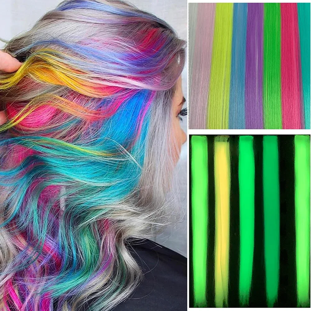 

10 Pcs Glow in Dark Hair Extensions Clip in Hair Extensions 20inch Colorful Synthetic Clip in Wig for Women Kids Girls