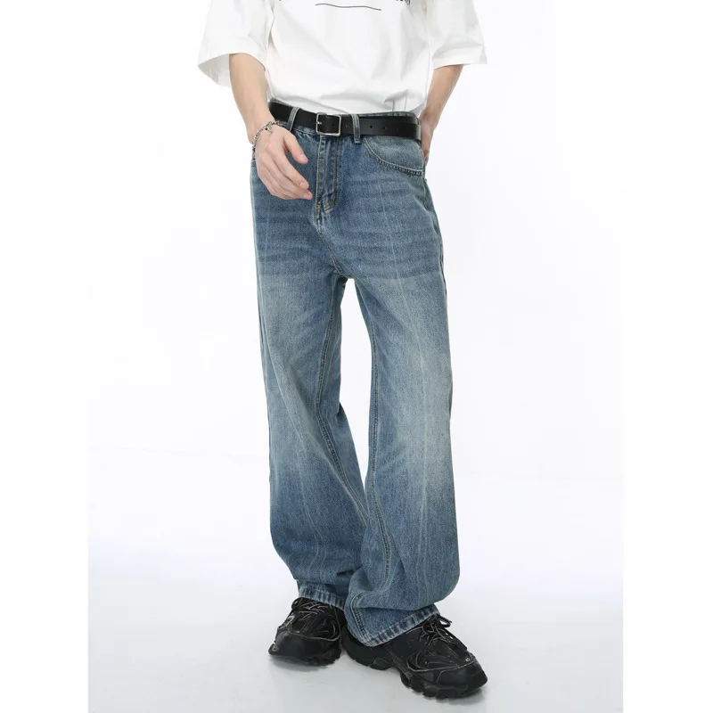 LEVIORTIN Washed Male Jeans Korean Fashion Gradient Color Pockets Men's Straight Denim Trousers Wide Leg Pants Spring New Chic