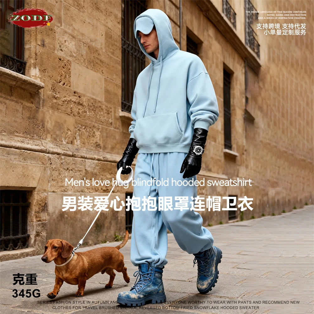 

ZODF мода 2025 зимняя маска для глаз дизайн флисовая толстовка для мужчин унисекс свободные теплые пуловеры с капюшоном 345 г/м2 уличная одежда HY1194