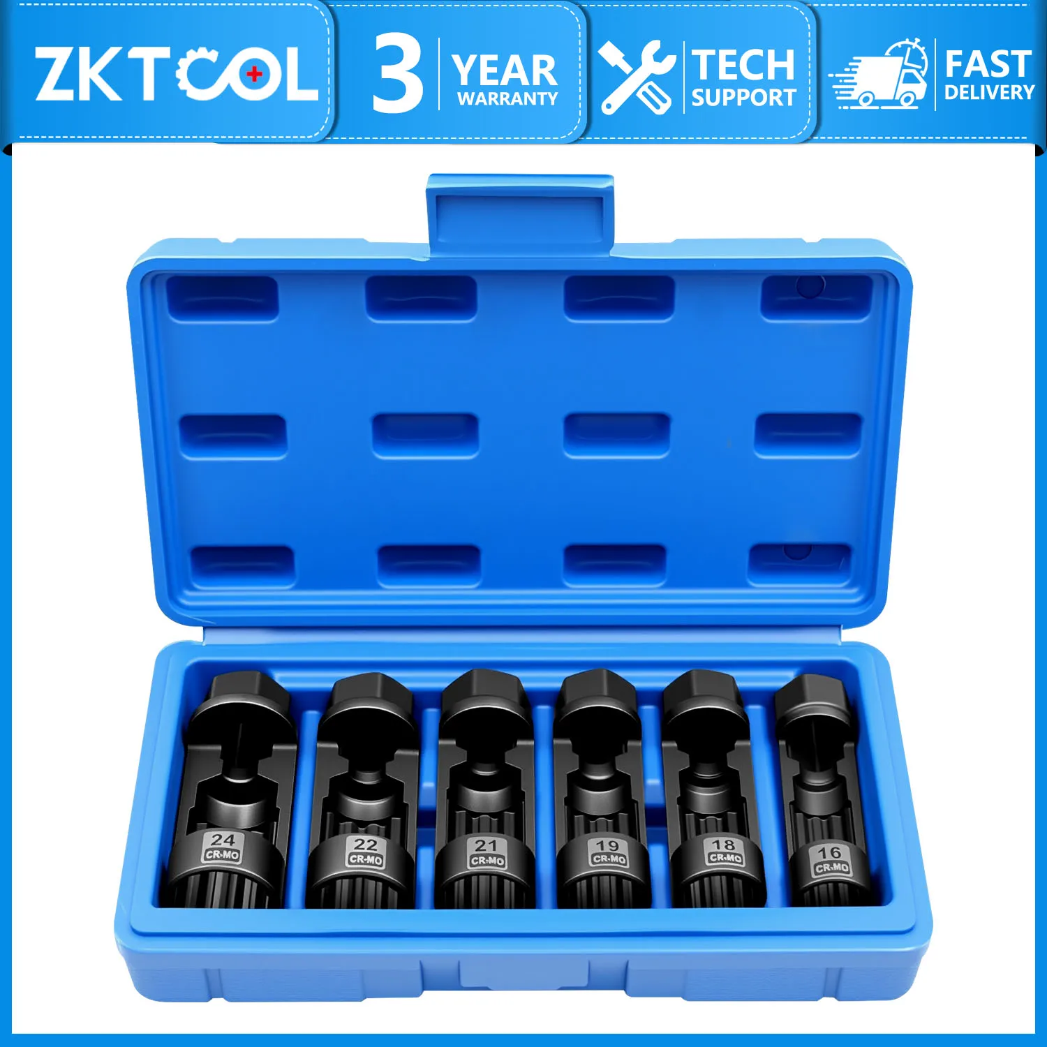 

6-piece suspension strut nut sleeve set, 18mm, 19mm, 21mm, 22mm, 24mm, for removing and installing shock absorber strut nuts.