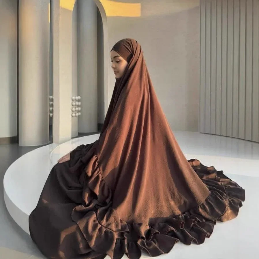2PCS Ramadan Muslim Women Khimar Jalabiya Ruffle Prayer Garment Islam Clothing Turkey Kaftan Hijab Dress Arabic Robe Niqab Abaya