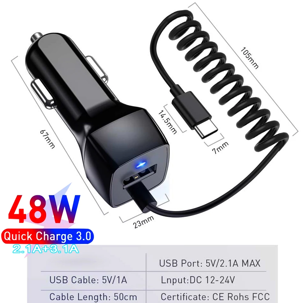 Hot Selling Fast Car Charger Adapter USB Type-C for iOS Cable 48W Quick Car Cigarette Lighter for Samsung iPhone Huawei Xiaomi