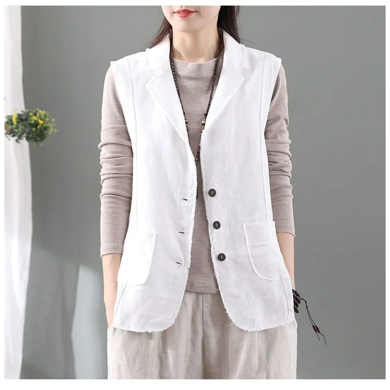 Retro Linen Suit Women's Raw Edge Suit Collar Waistcoat Spring and Autumn Sleeveless Vest Cotton Linen Cardigan Jacket