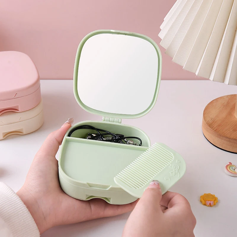 Hair Clips Storage Box With Makeup Mirror And Comb Desktop Folding Dormitory Princess Desktop Dressing Student Portable Mirror