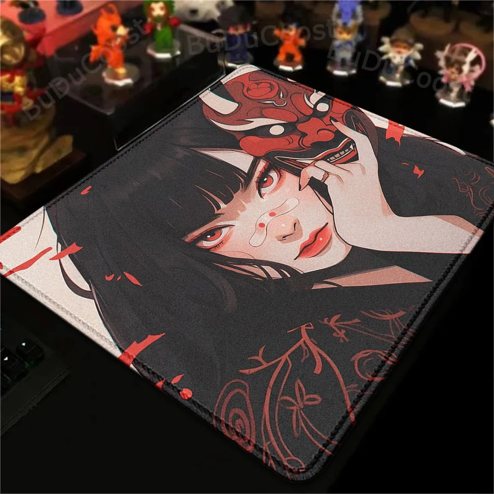 Tapete de Mesa Kawaii Anime Girl HD, Mouse Pad Japonês Gamer, Máscara Oni, Borda Sutura, Tapete de Ratos, Empresa Pequena Mesa, 20x25cm, XS