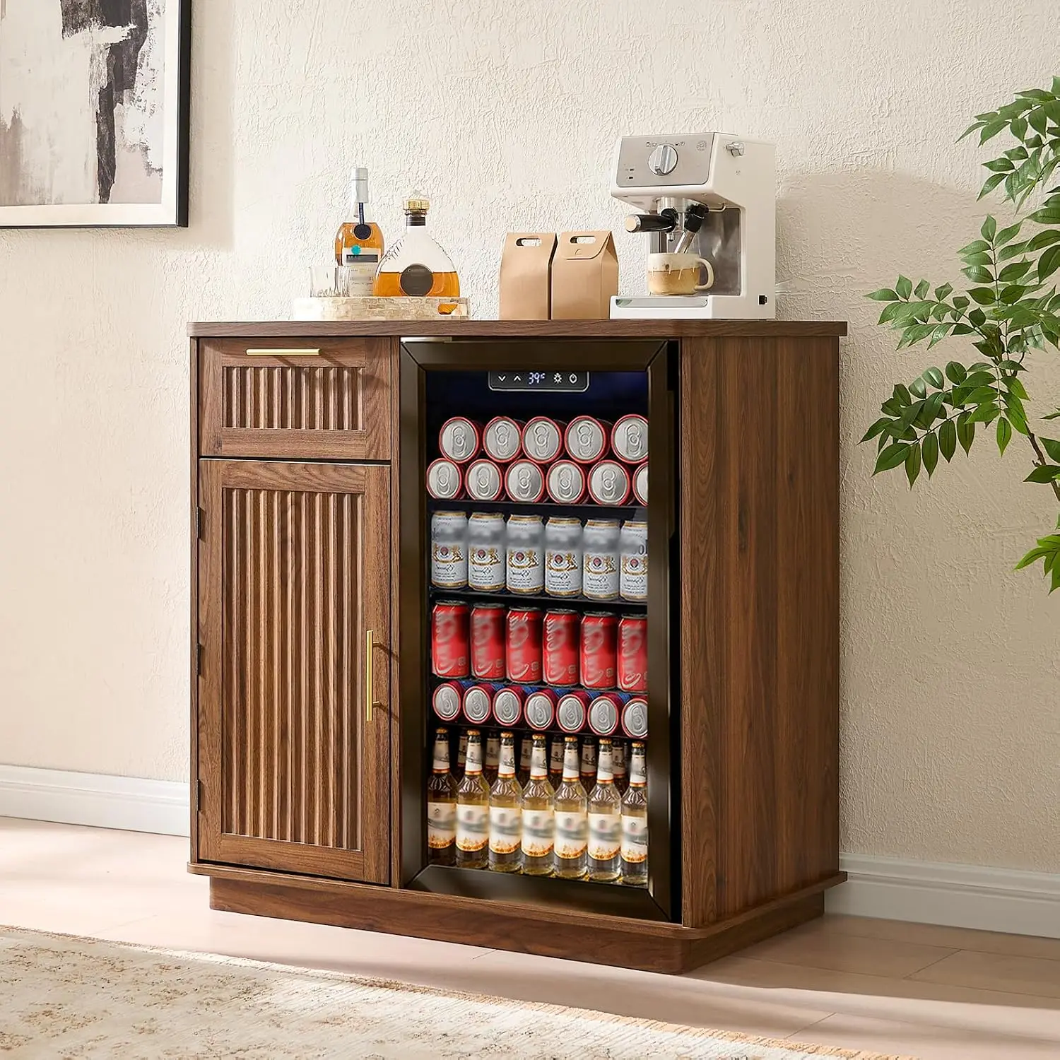 Mini Fridge Cabinet with Storage & Power Outlet, Walnut, Customized